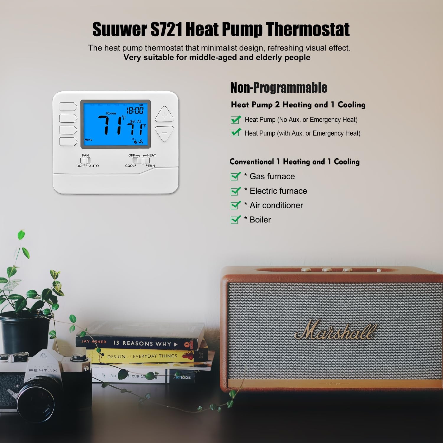 Suuwer Non-Programmable Heat Pump Thermostat for Off-white ( Blue Backlight )