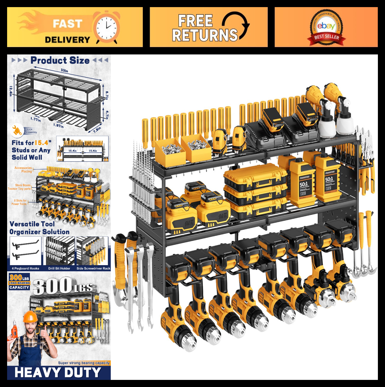 Heavy Duty Wall Mount Tool Organizer Rack, 300Lbs Capacity, 3 Layer, 8 Drill Hol