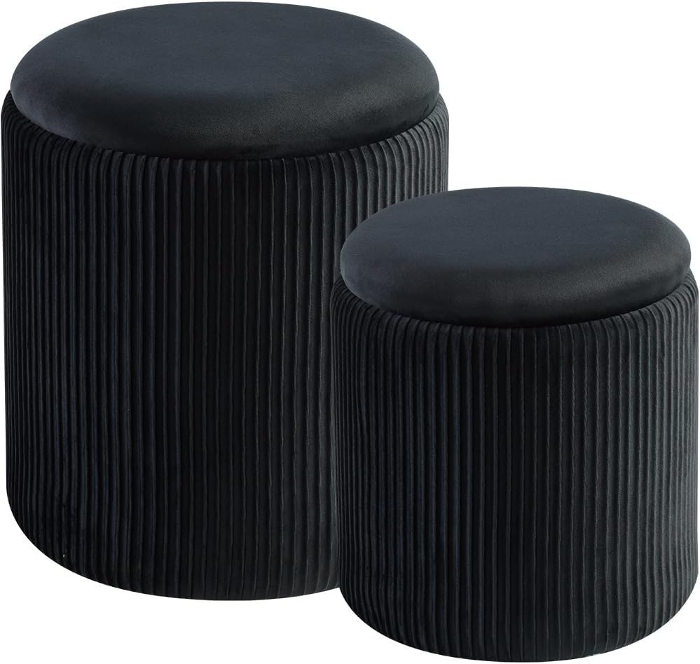 Set of 2 Velvet Ottoman Stools with Storage - Multifunctional Black Decor