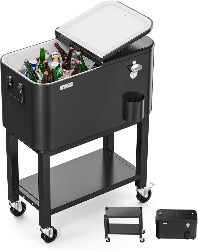 Patio Cooler Rolling Ice Chest on Wheels Portable Party Bar Drink Cooler Cart