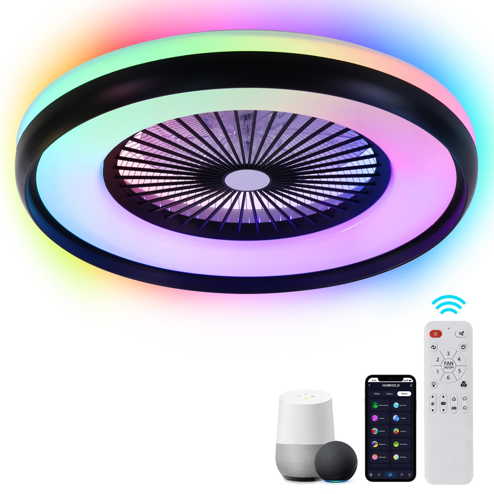 24" Bladeless Ceiling Fan with RGB Light Remote, Smart LED Ceiling Fans with ...