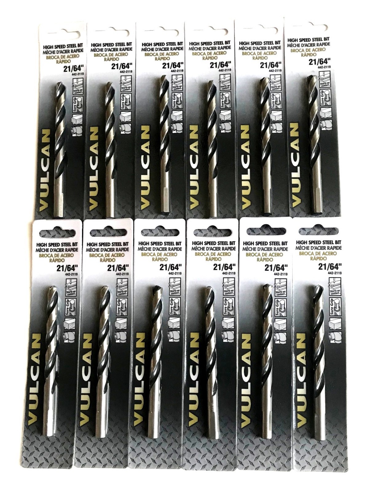 12 VULCAN 21/64" HIGH SPEED STEEL METAL DRILL BITS SURE GRIP SHANK 2119