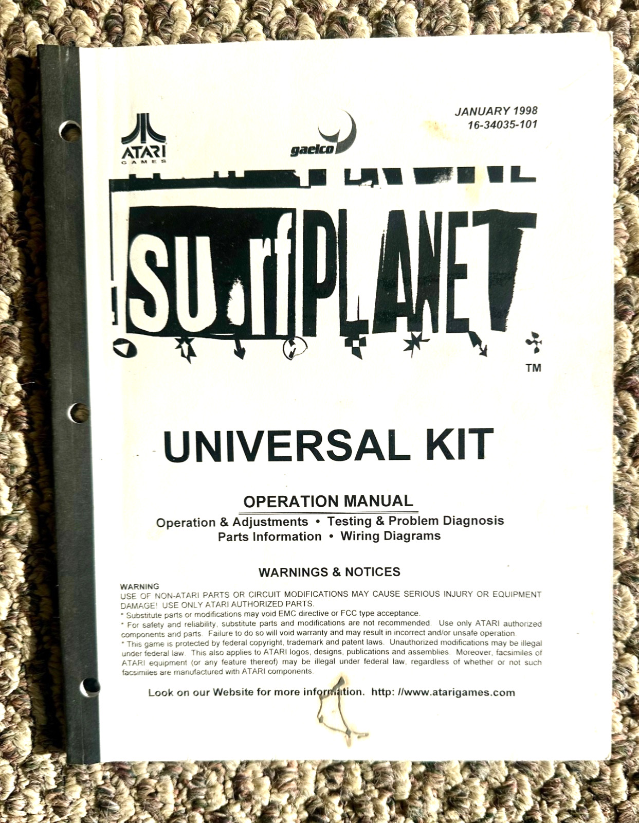 Surf Planet Video Arcade Game Universal Kit Operation Manual, Atari 1998