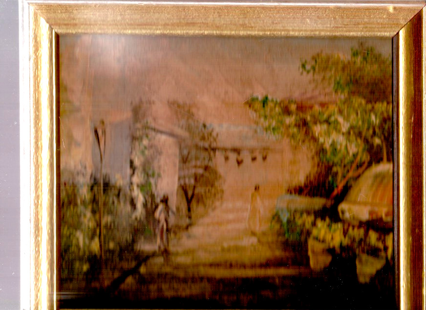 Mediterranean Oil Painting 2 Women on Stairs Flowers Trees Lamp 8x24.5cm in Frame