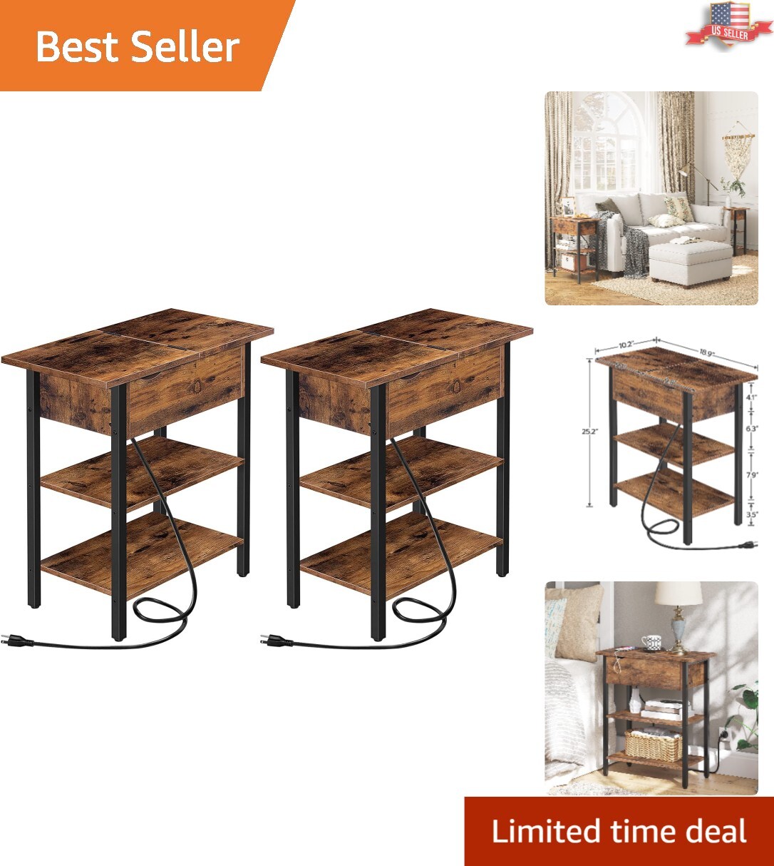 Multifunctional Rustic End Tables with Charging Station - USB Ports - Brown