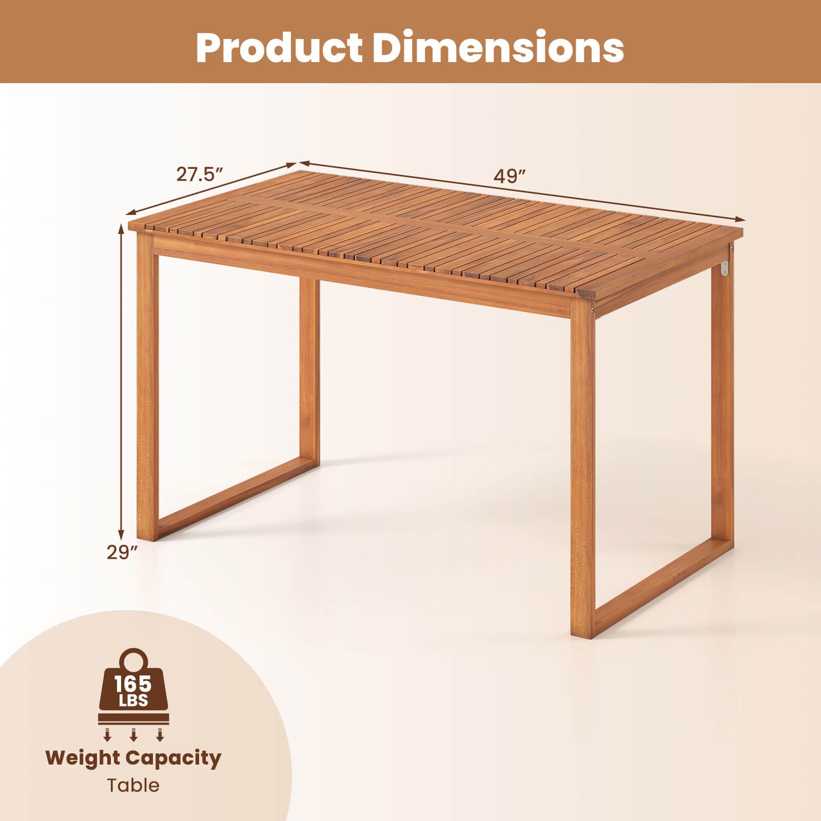 Outdoor Acacia Wood Dining Table, Rectangular Patio Table w/Slatted Tabletop