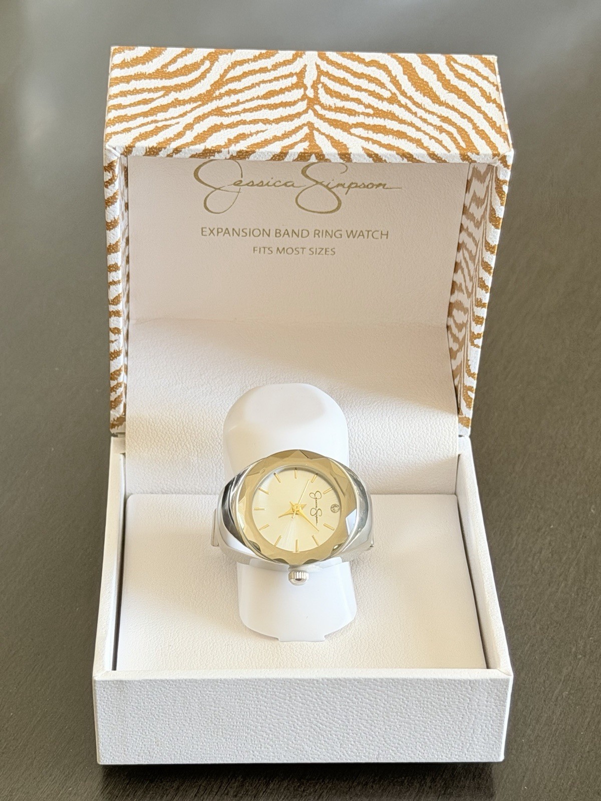 Jessica Simpson Women’s Two Tone Silver With Gold Accents Stretch Fit Ring Watch