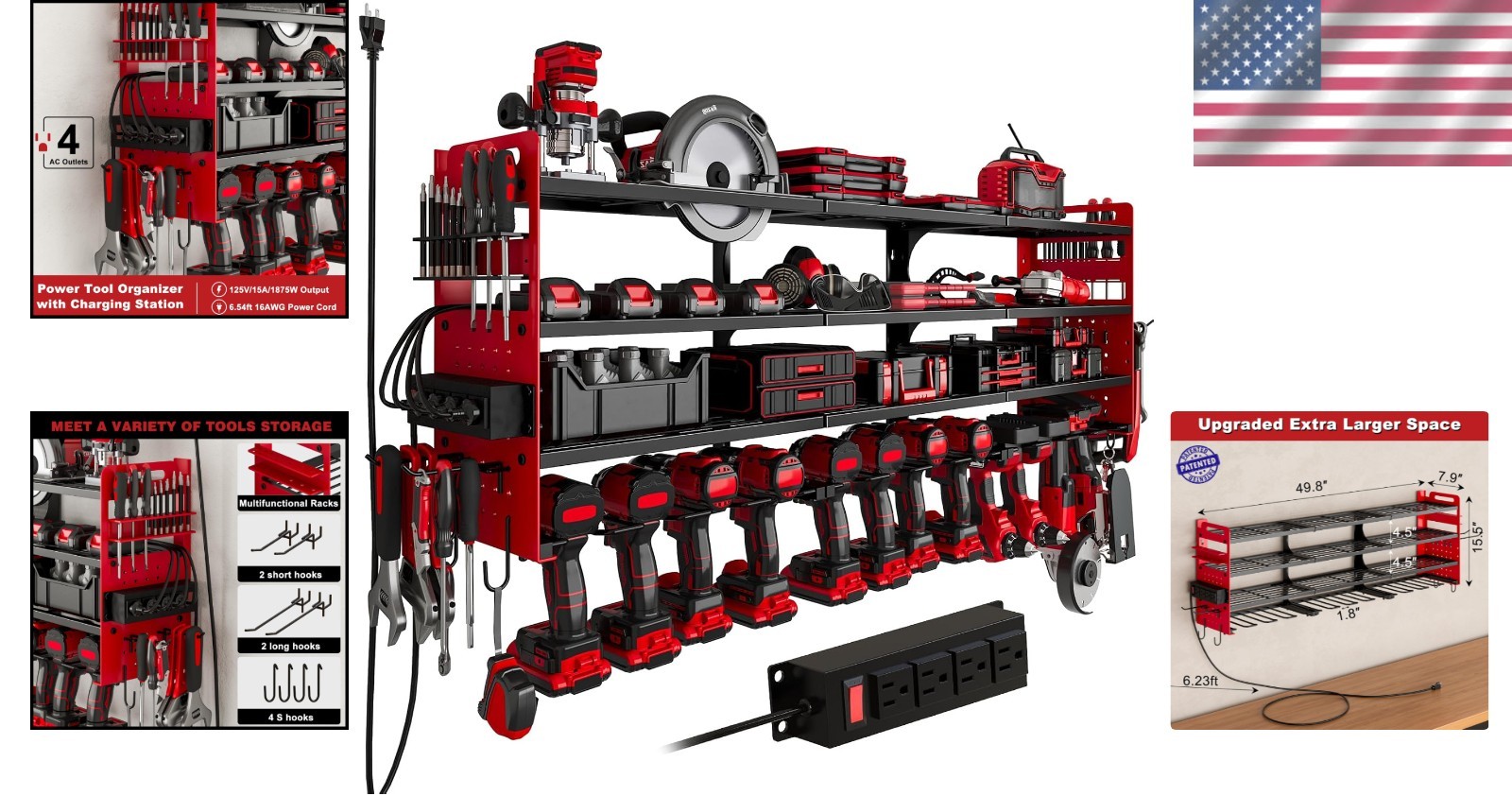 Sturdy Wall-Mounted Tool Rack with Pegboard Design & 4-Outlets for Power Tools