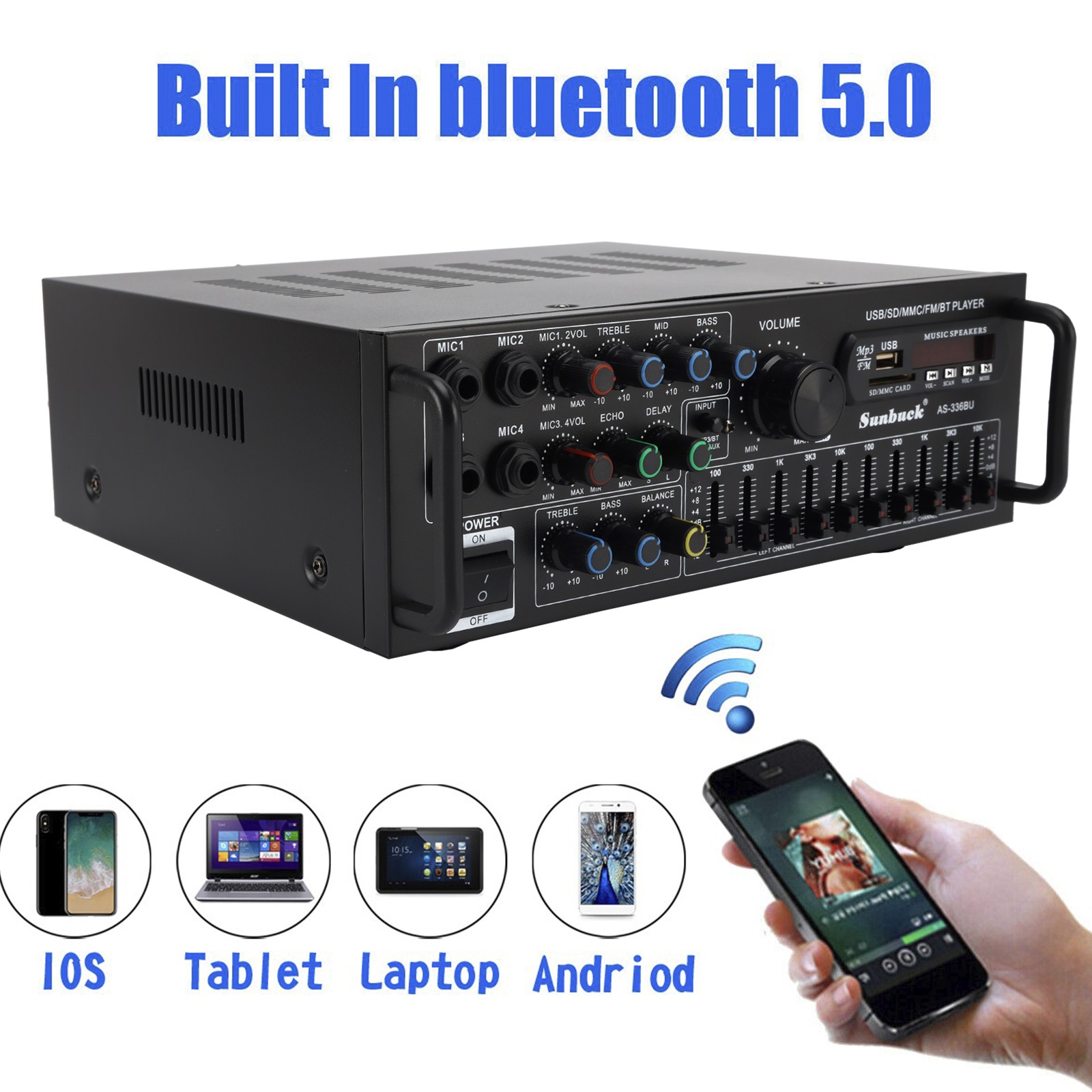 Bluetooth 5.0 Power Amplifier 2000W Peak 5-Band EQ FM Karaoke w/Remote US