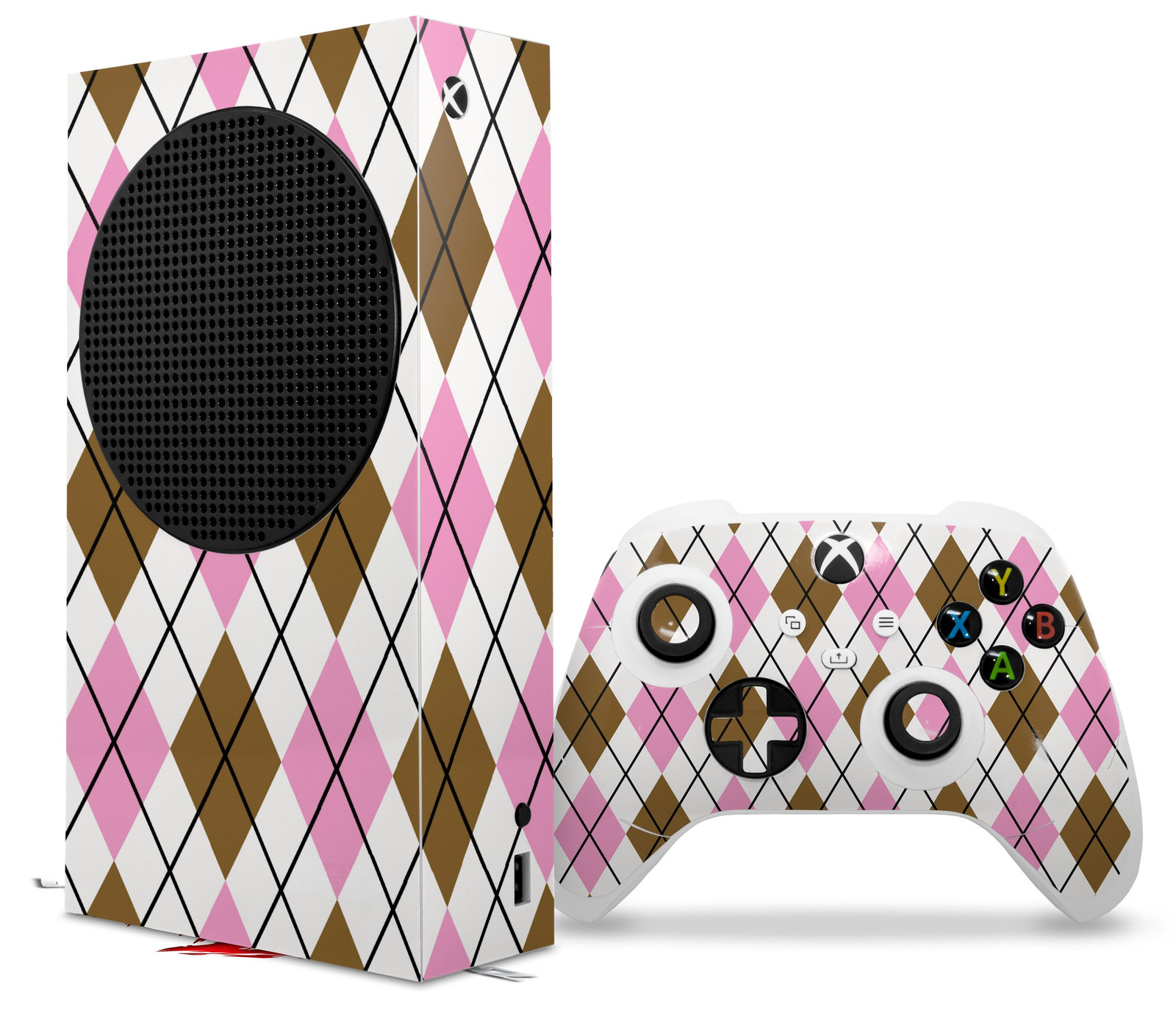Skin Wrap for XBOX Series S Console Controller Argyle Pink and Brown