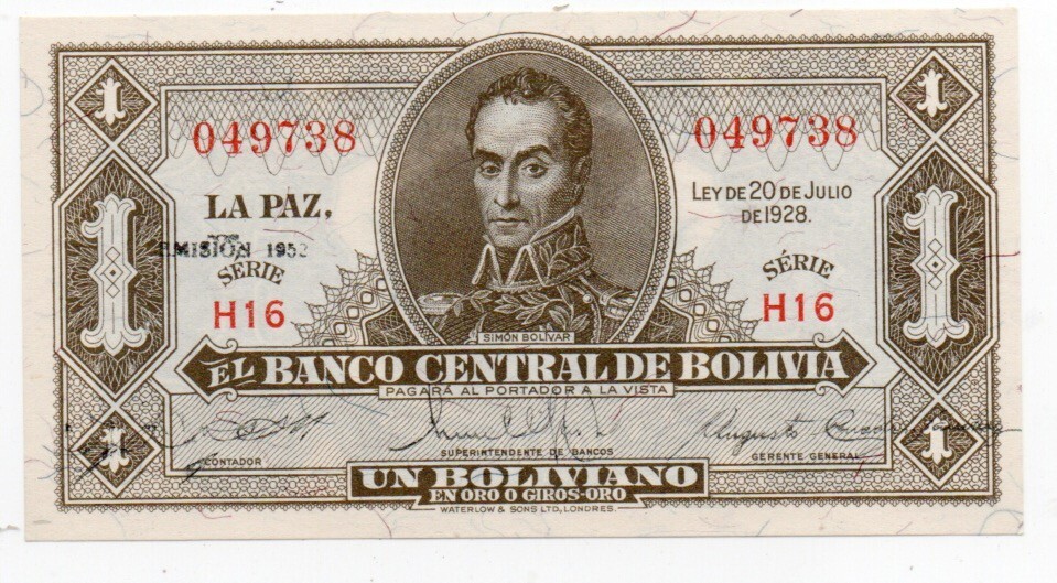Vintage Uncirculated Bank of Central Bolivia Un Boliviano Currency Note