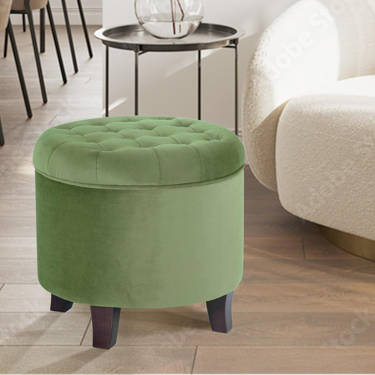 Home Decor | Upholstered round Velvet Tufted Foot Rest Ottoman | Ottoman with St