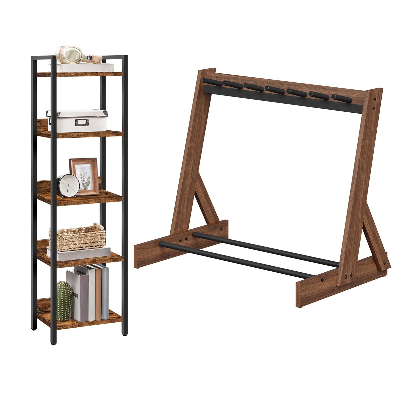 5-Tier Bookcase and Guitar Stand Bundle, Metal Frame, Industrial Style, Rusti...