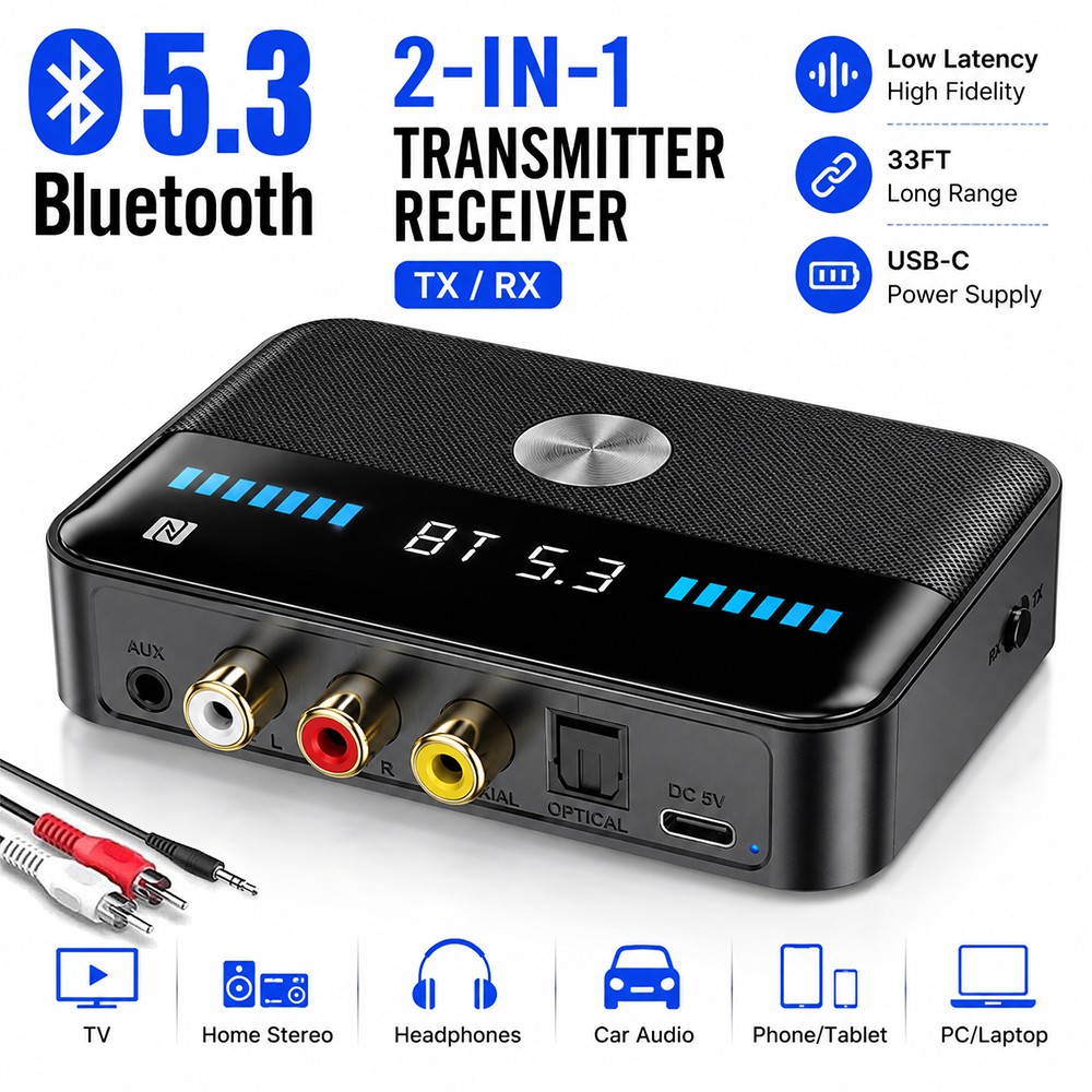 Bluetooth 5.3 Receiver Transmitter Wireless 3.5mm AUX NFC to 2 RCA Audio Adapter