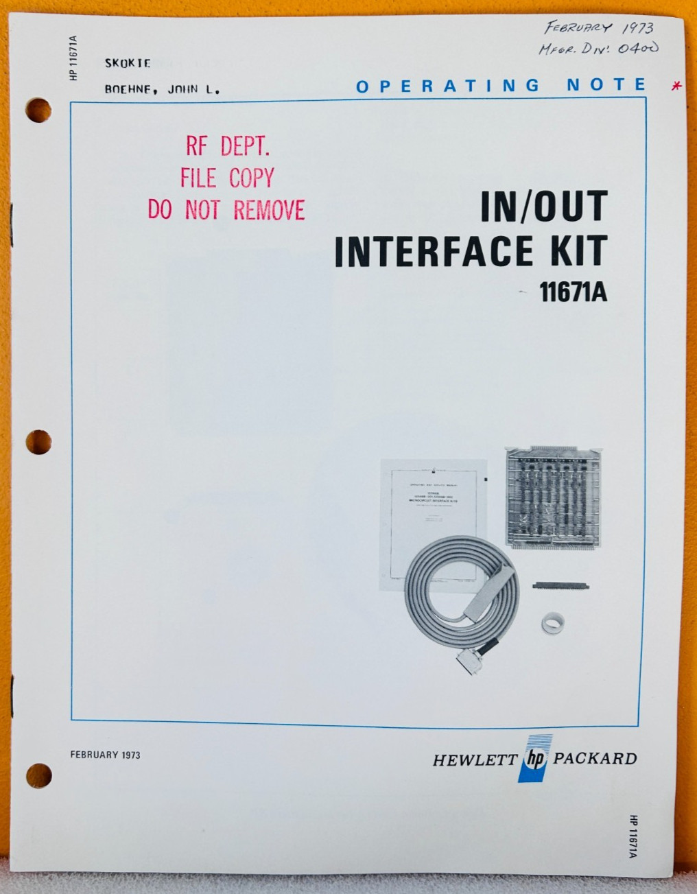 HP 11671-90001 1973 Model 11671A In/Out Interface Kit Operating Note Manual.