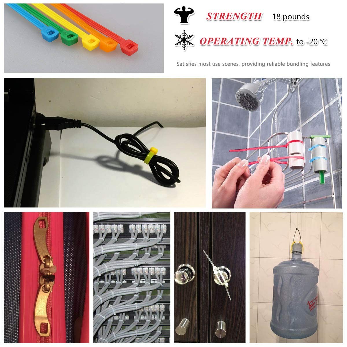 8 Inch Multi-Purpose Assorted Colored Cable Zip Ties, 300 Pieces