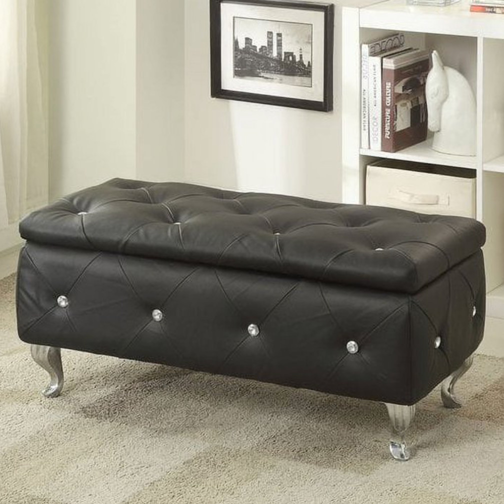 Banco Almacenaje Cuero Sintético Negro Black Faux Leather Storage Ottoman Bench
