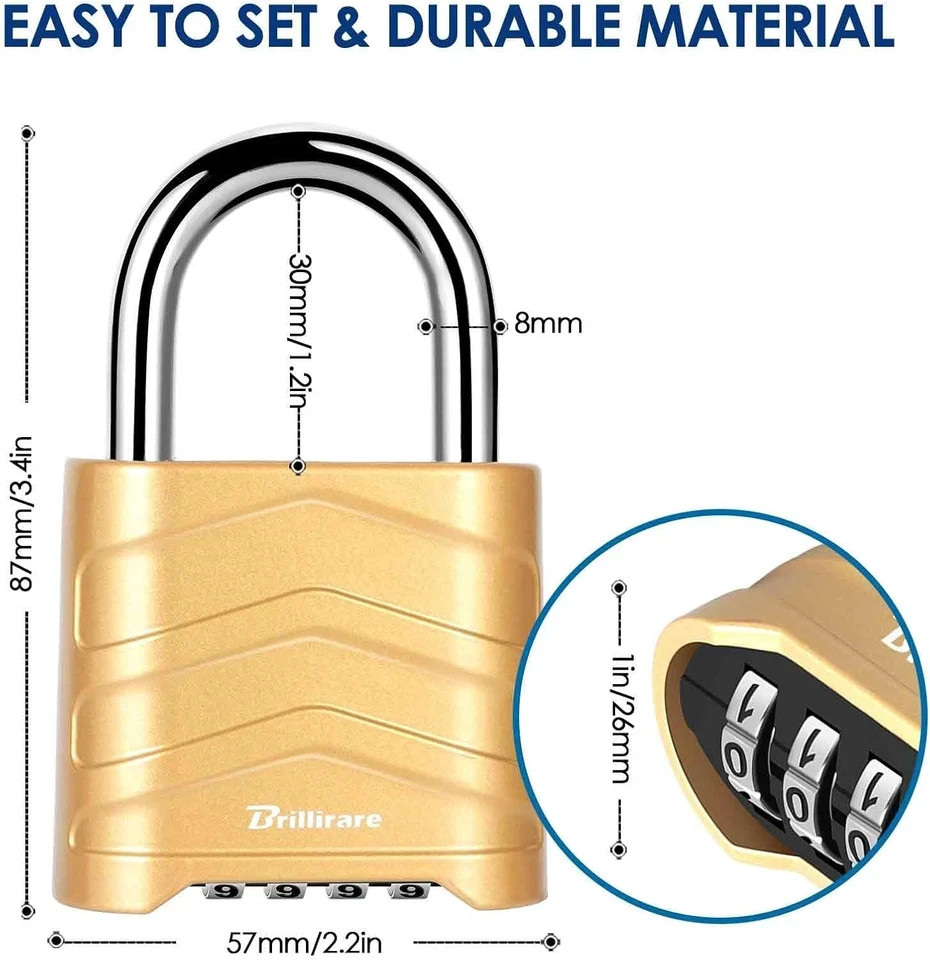 Combination Lock, 4 Digit Heavy Duty Padlock Metal Outdoor, Weatherproof Alloy L