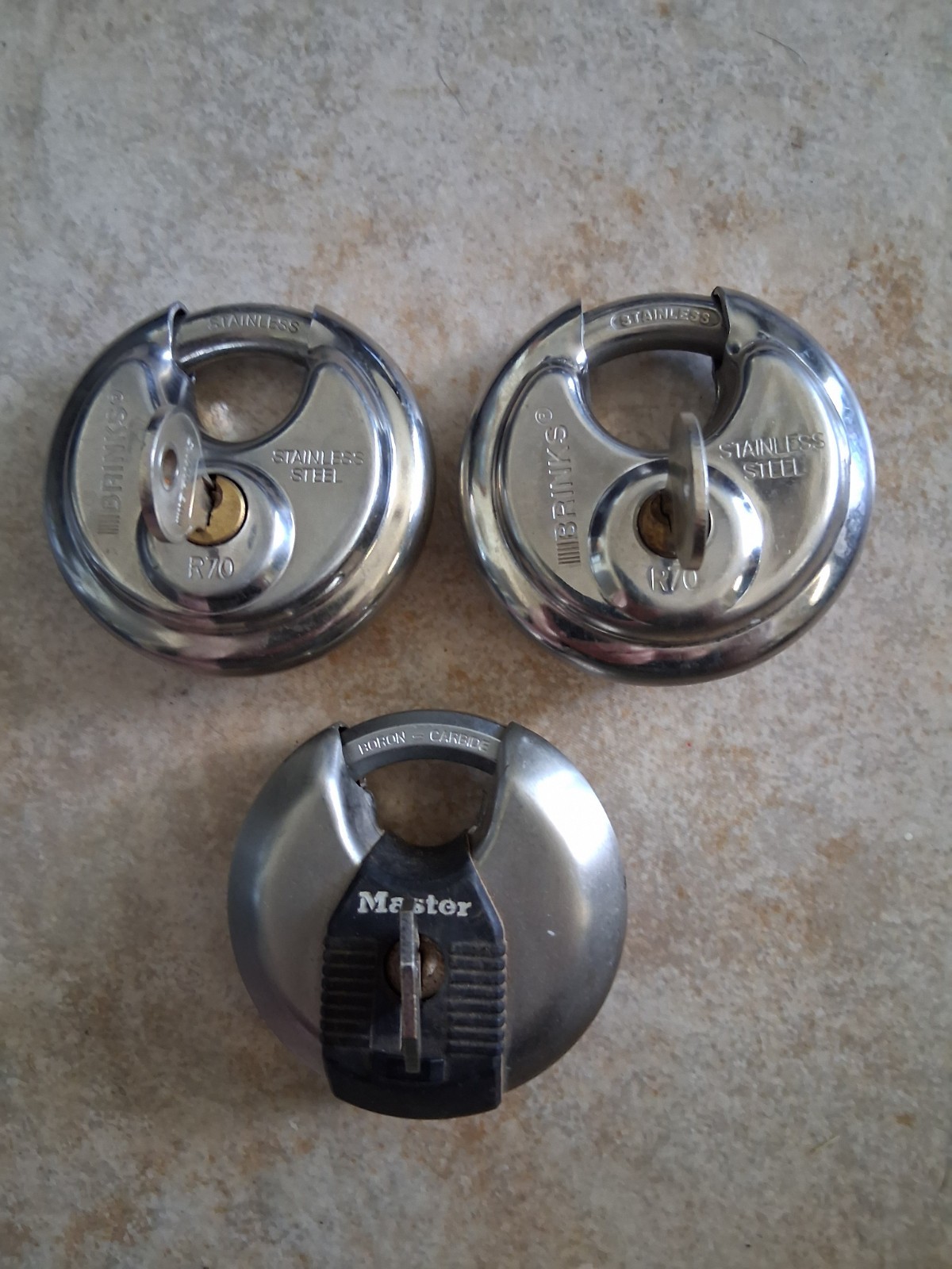 2 Brinks R70 & 1 Master , Stainless Steel  Round Padlocks used good condition