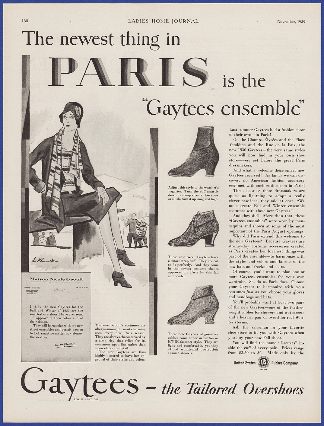 Vintage 1929 GAYTEES Rubber Shoes Women's Boots Overshoes Galoshes 20's Print Ad