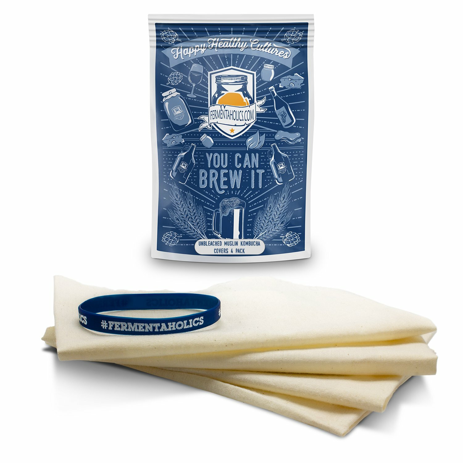 Unbleached Muslin Kombucha Covers - 4 Pack with Rubber Bands