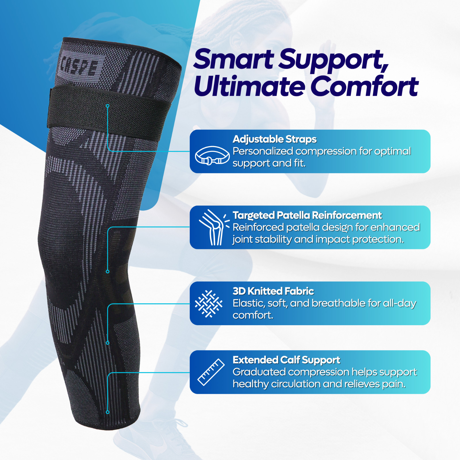 Caspe 2 Pack Full Leg Compression Sleeve with Strap Thigh Knee Calf Support