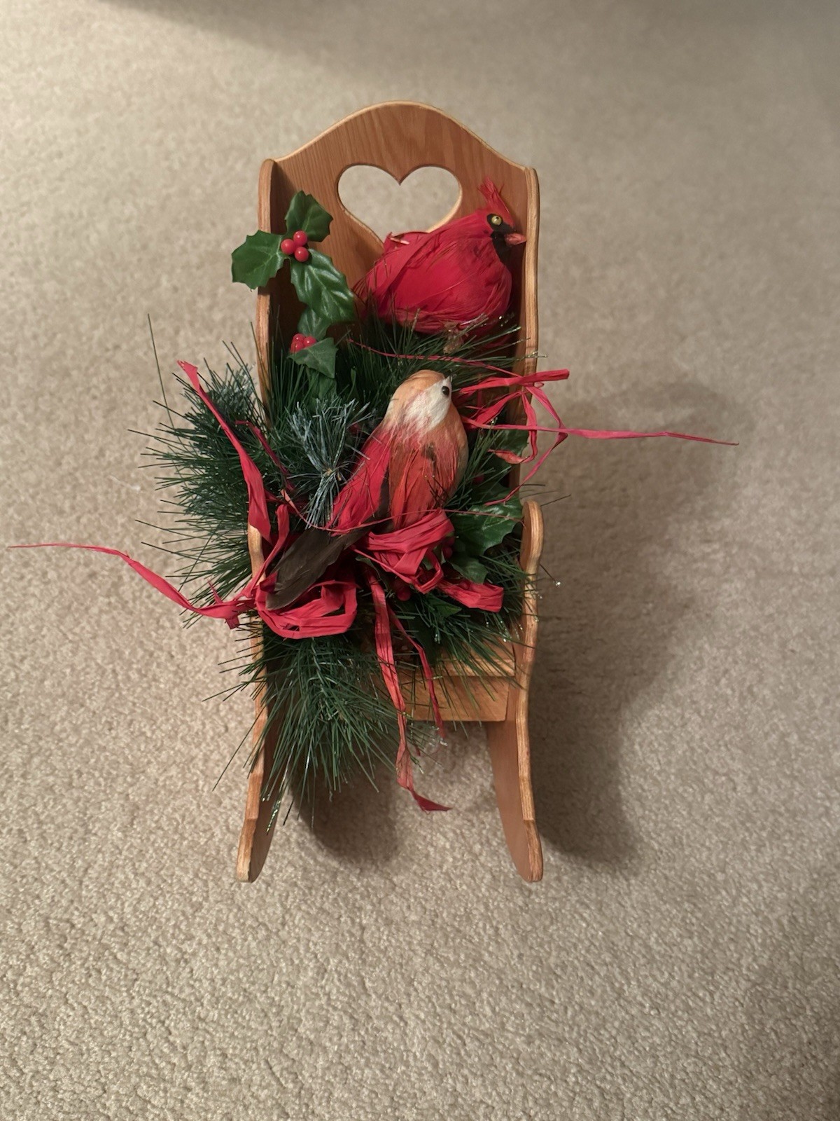 Vintage Wooden Rocking Chair Christmas Décor w/ Cardinals & Greenery Holiday