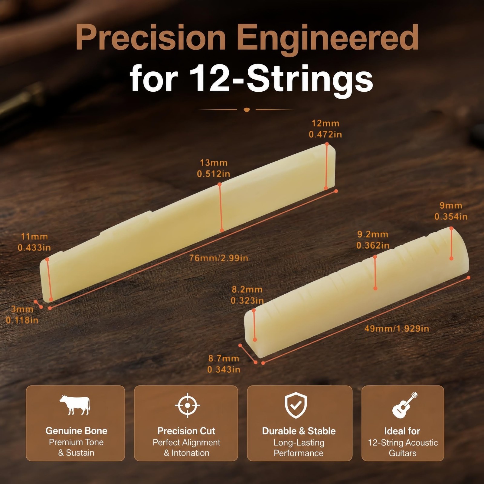 Miwayer 12 String Acoustic Bridge Guitar Unbleached Bone Saddle and Nut Made ...