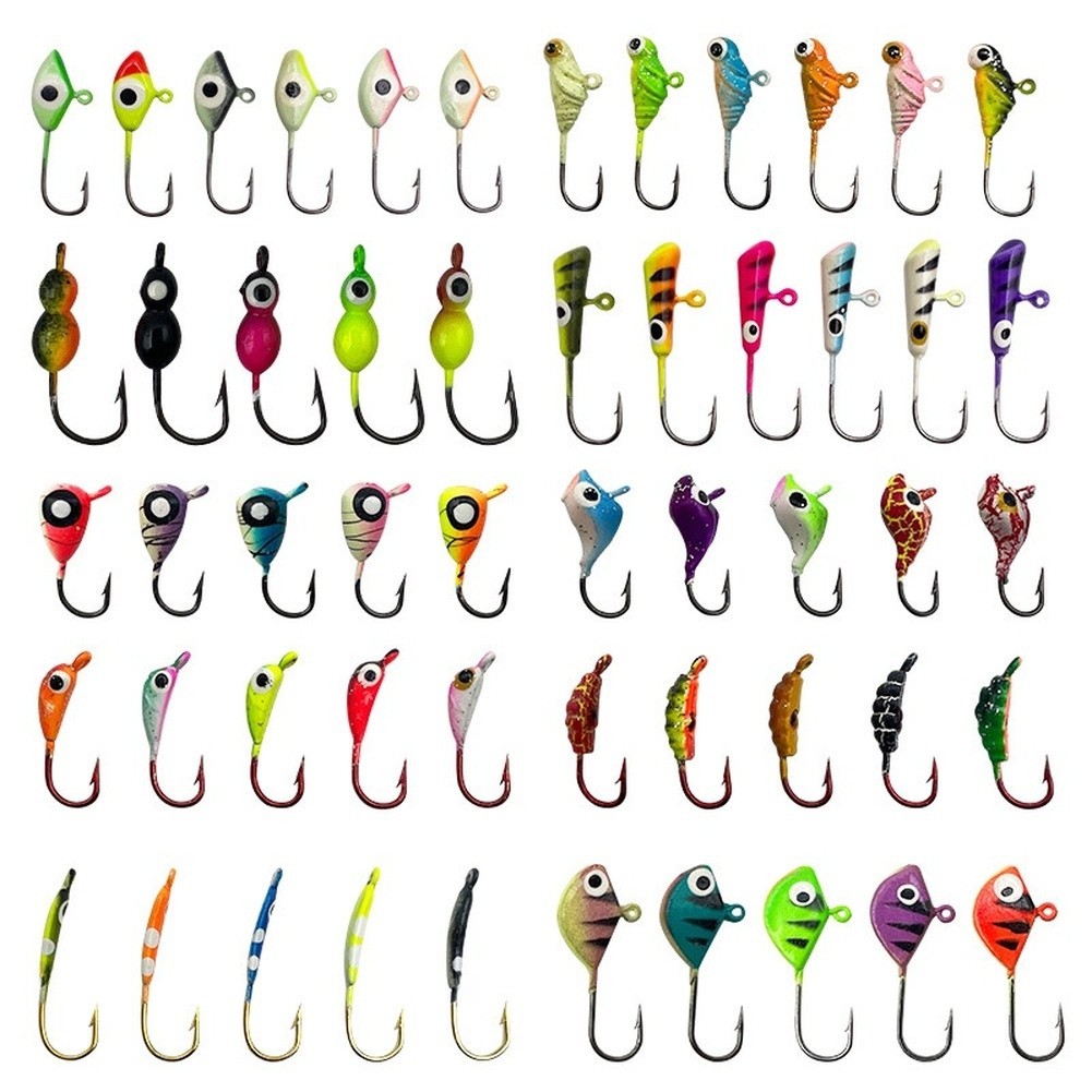 53 Pcs Ice Fishing Glow in the Dark Jig Hooks Set Barbed Hooks with Weight