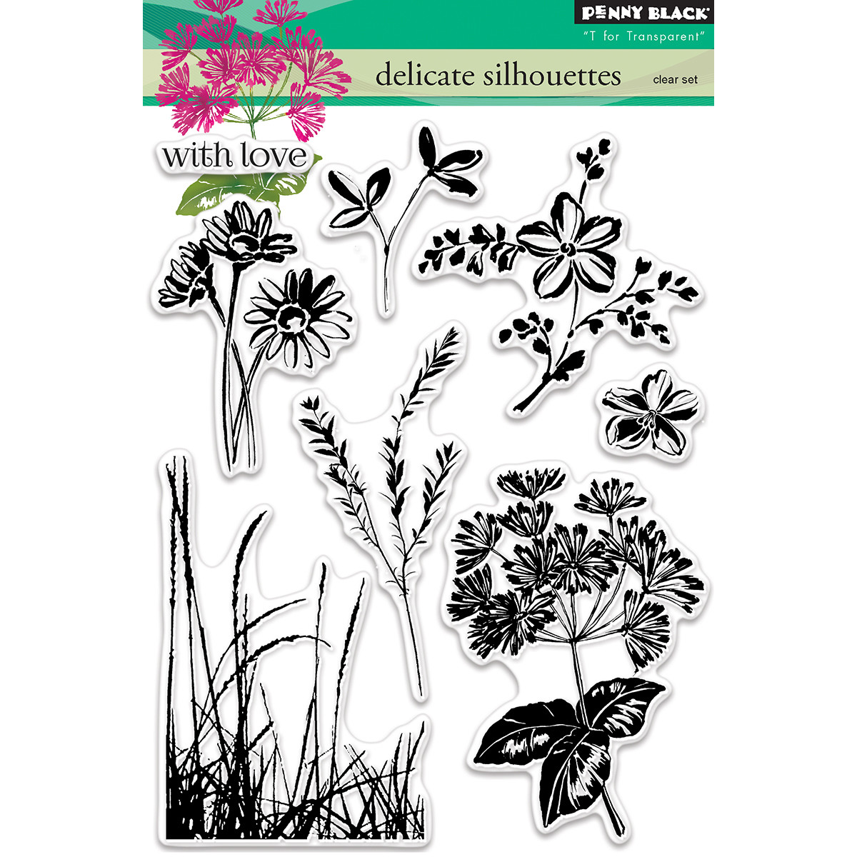 FLOWERS Delicate Silhouettes Penny Black Clear Rubber Stamp Set 5"X7" 30-417 New