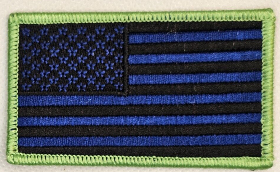 Blue & Black W/ Lime Green Border American Flag 3.25 x 2 In Patch *Made In USA*
