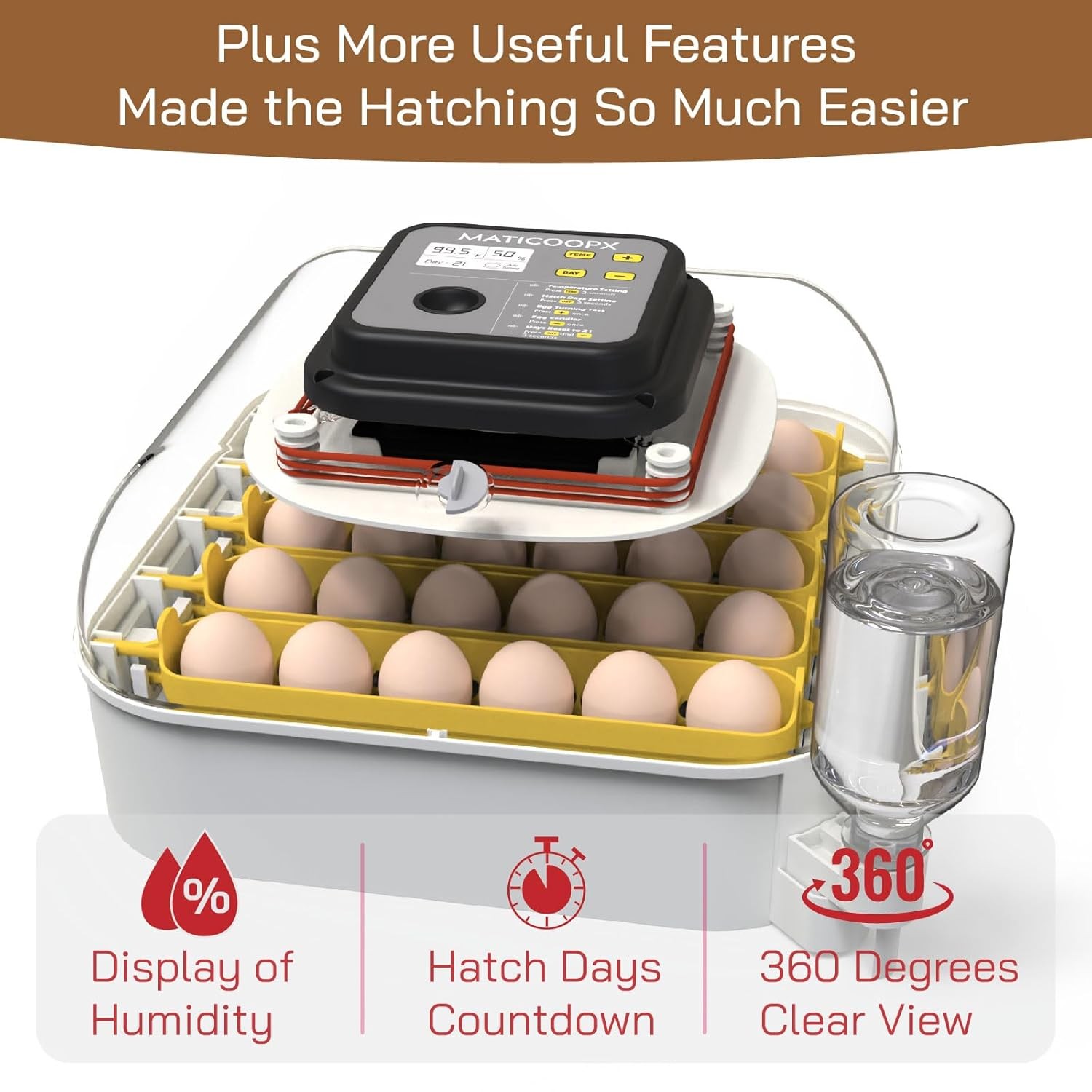 MATICOOPX 30 Egg Incubator with Humidity Display, Egg Candler, Automatic Egg Tur