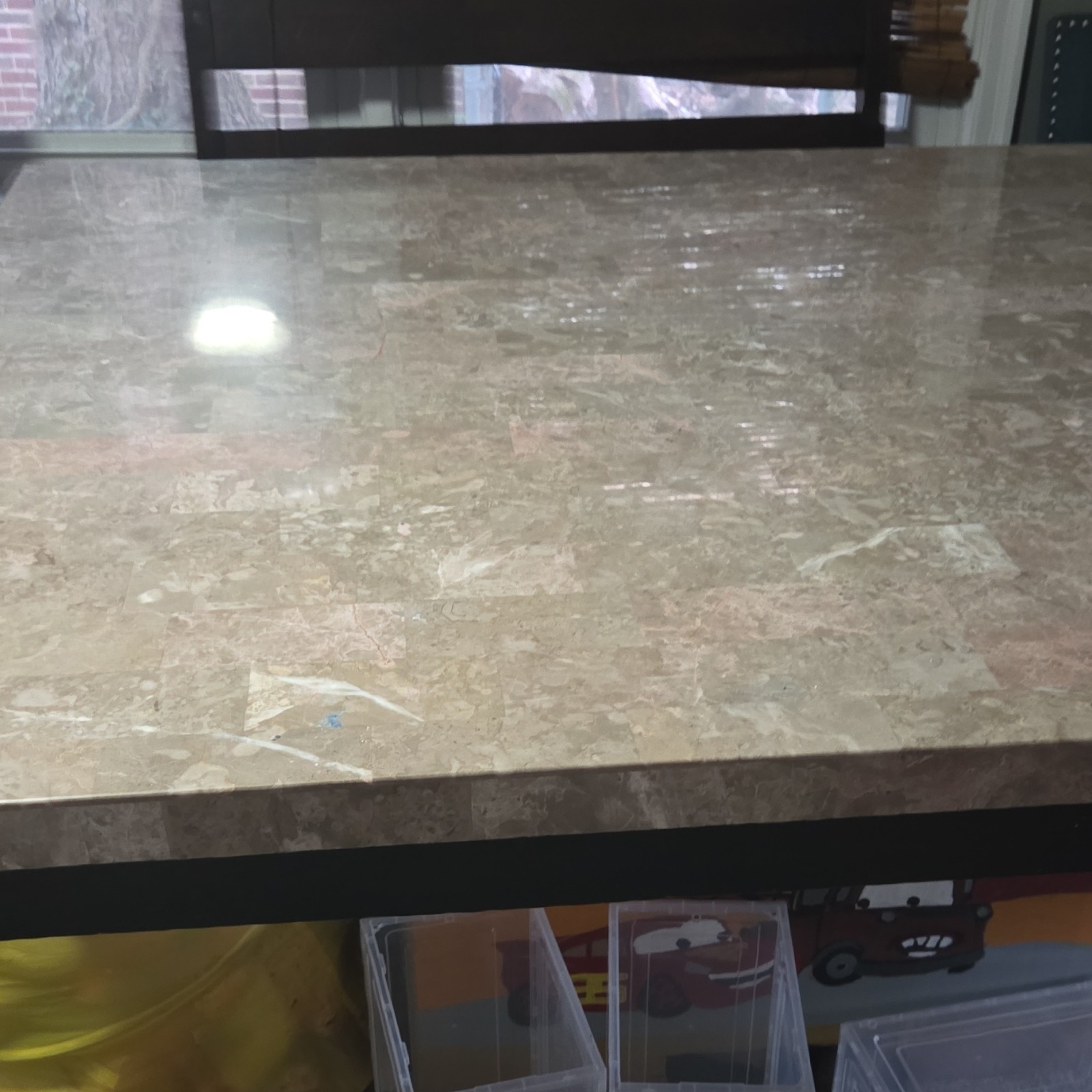 Rectangular Marbled Stone Dining Table Set with 4 Mixed Color Chairs, Dark Wood