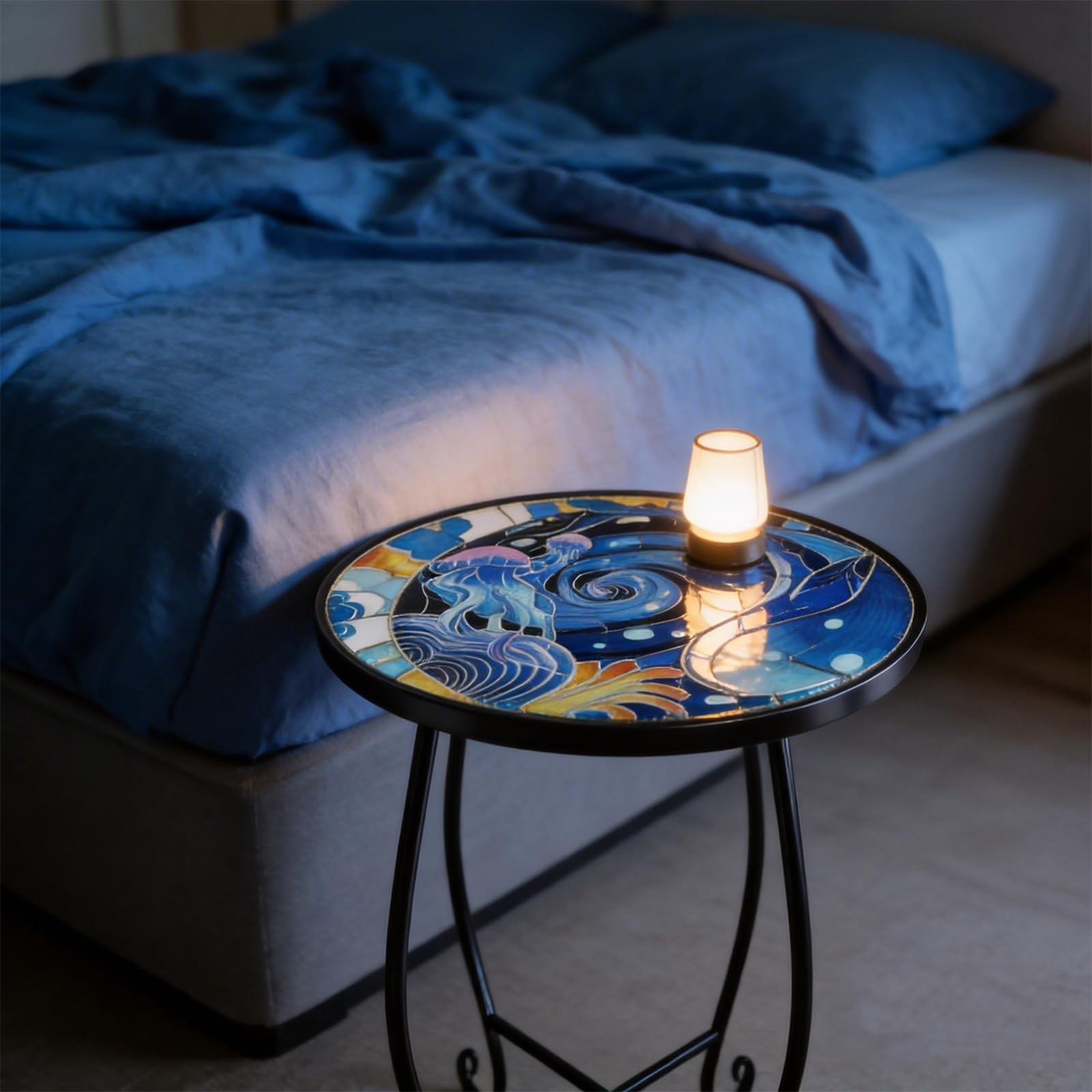 15 Inch Jellyfish Mosaic Side Table (1 PC) - Small Outdoor Round Folding Tabl...