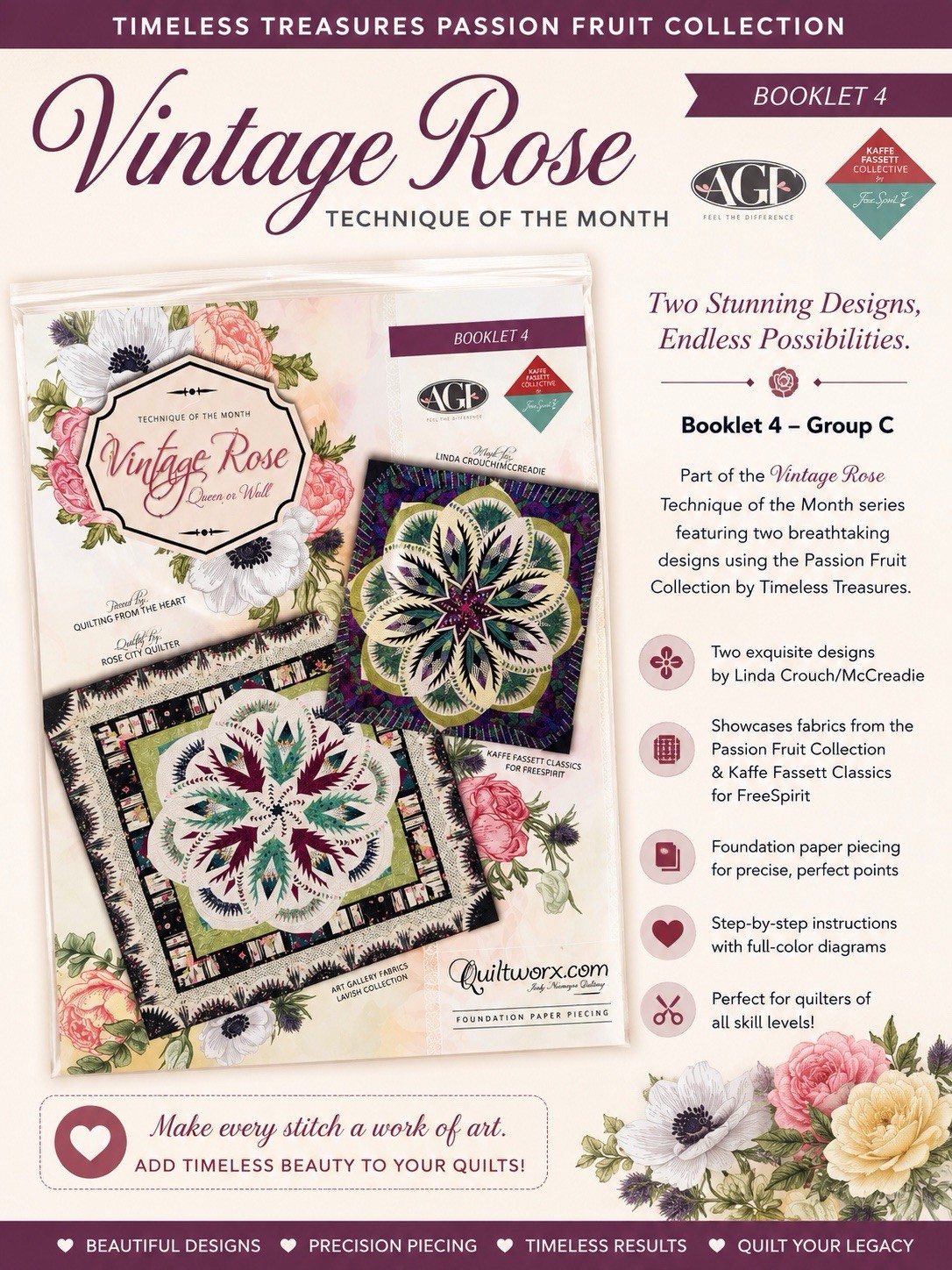 Quiltworx Vintage Rose Technique of the Month Booklet 4 Group D FPP Pattern
