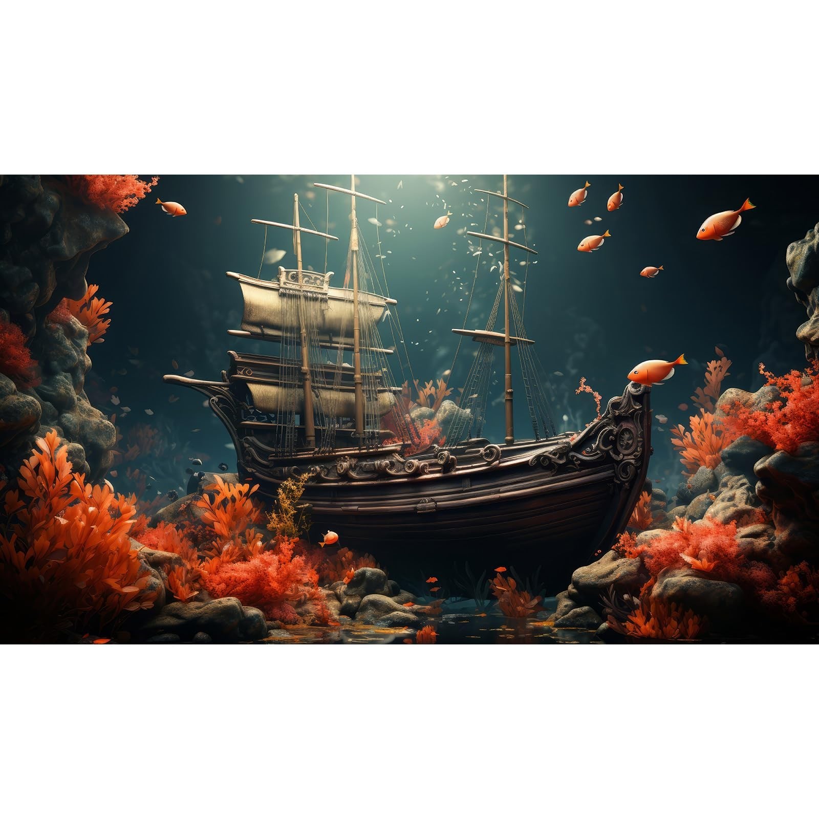 Pirate Shipwreck Aquarium Background Under The Sea Coral Reefs Fish Tank Back...