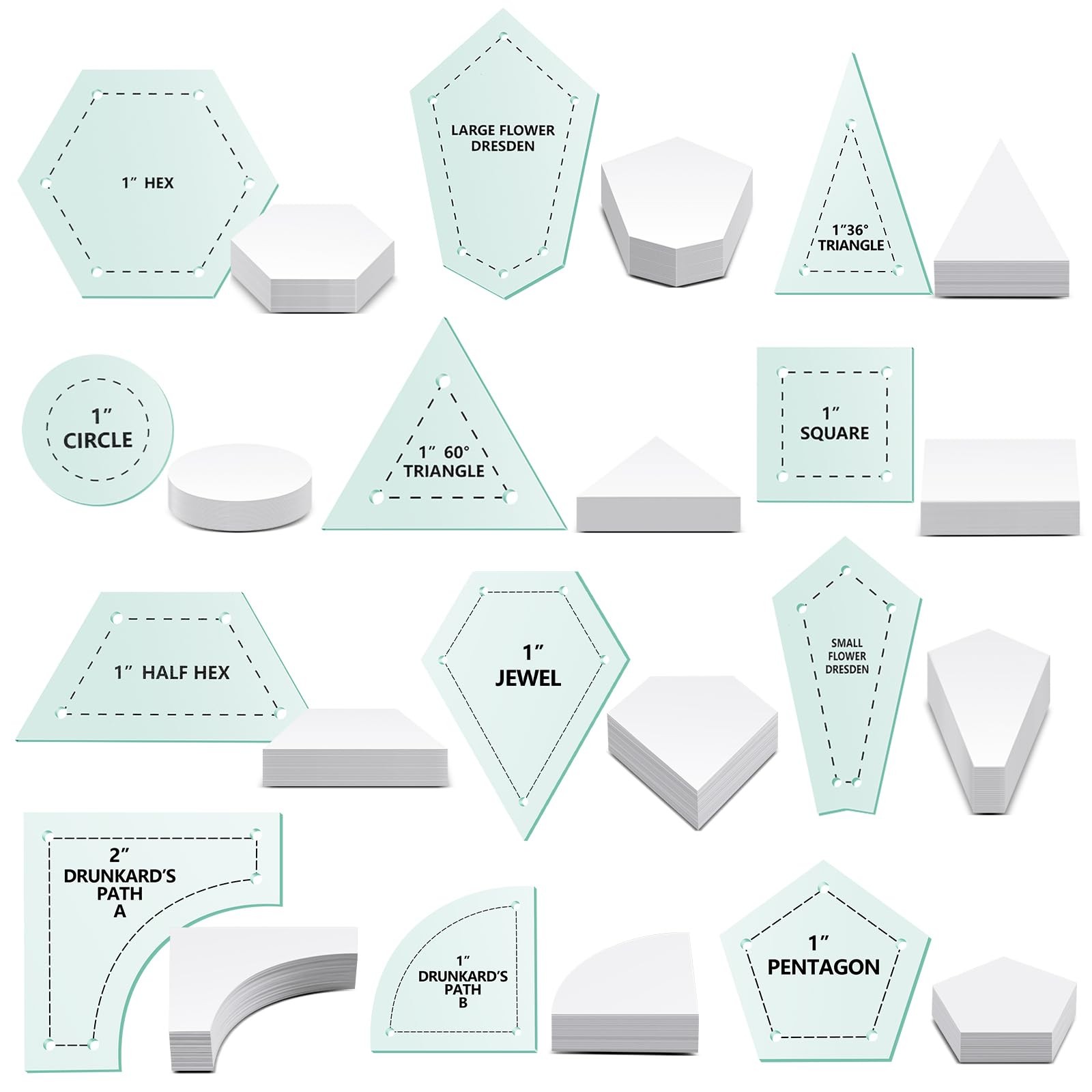 612 Pcs Patchwork Paper EPP English Piecing Supplies 12 Shapes Acrylic Templa...