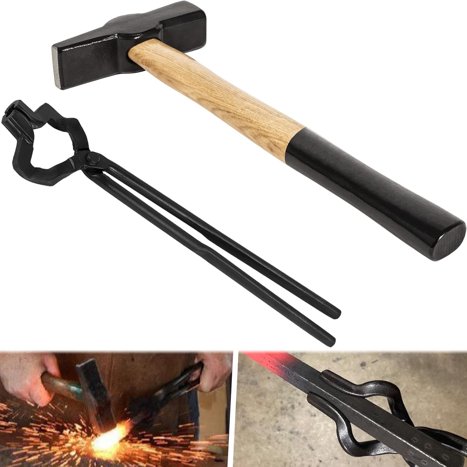 16" Z V-Bit Blacksmith Tongs & 1.5KG(3.3LB) Blacksmith Hammer Forge Vise Tongs