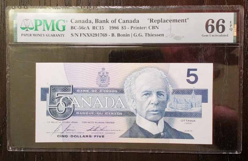 #FNX 1986 $5 BC56cA BONIN/THIESSEN #FNX8291769  PMG GEM 66 EPQ REPLACEMENT