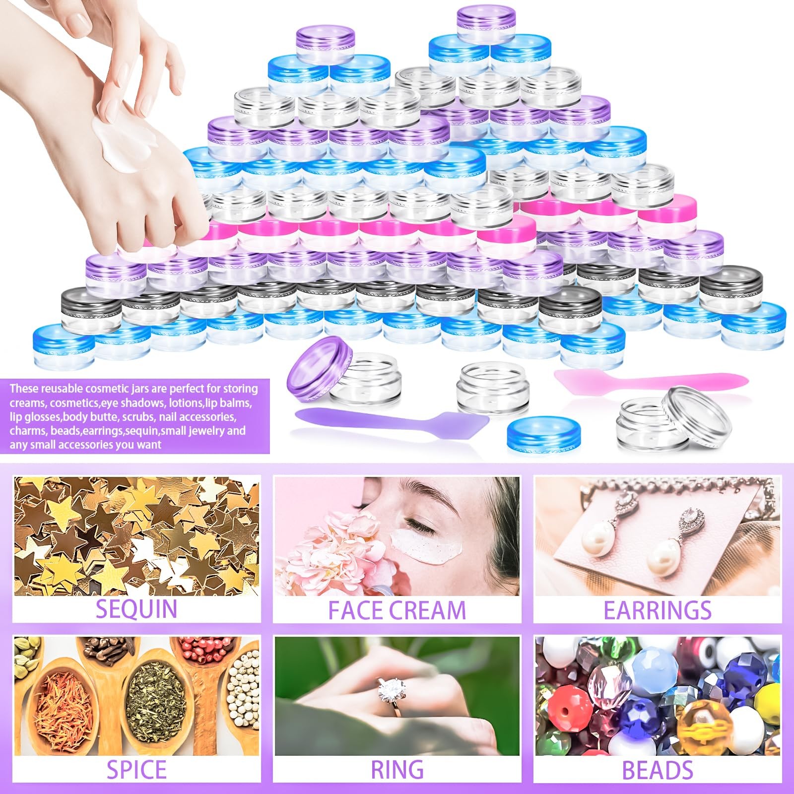 100 Pcs 5g Empty Plastic Containers with Colored Lids,Mini Makeup Sample Cont...