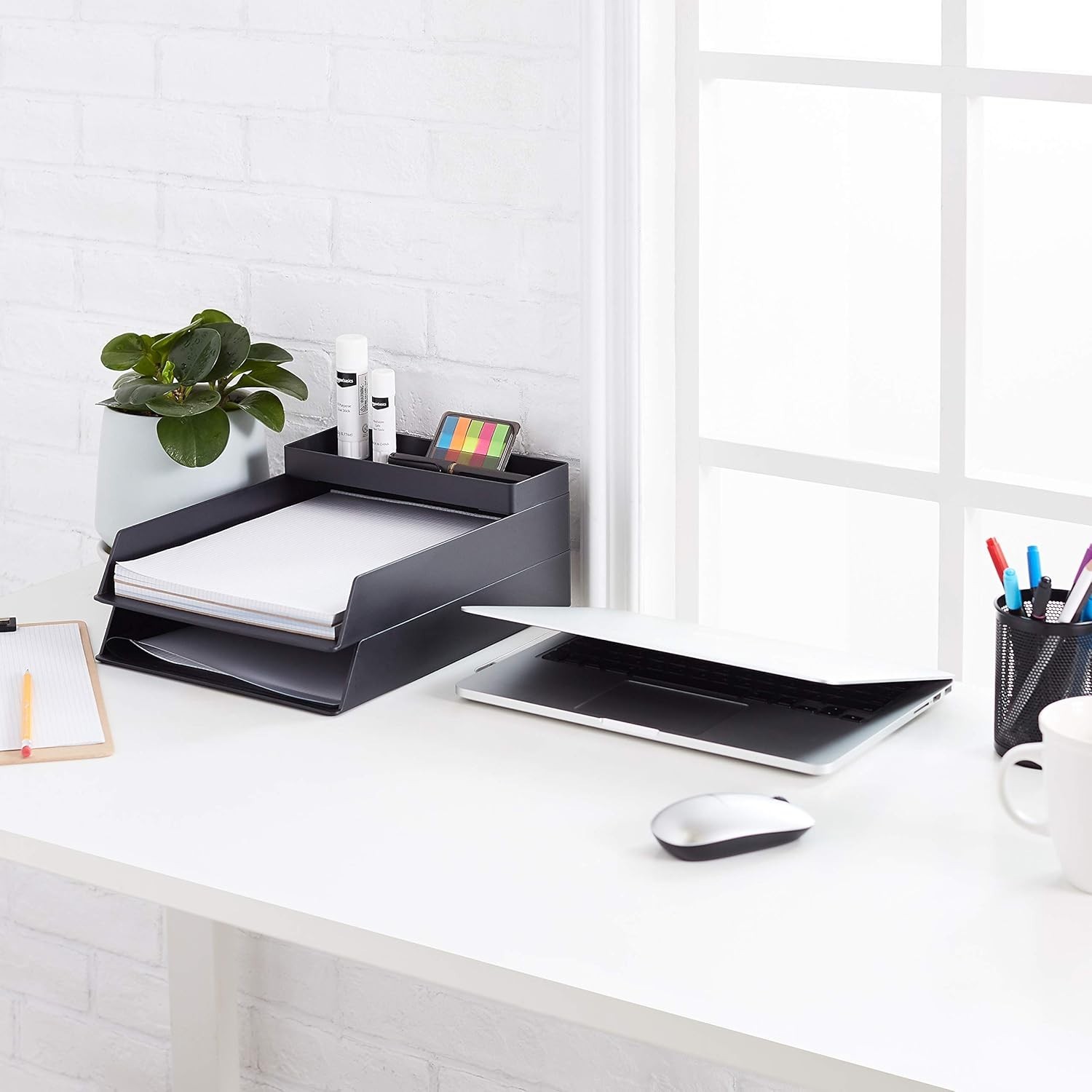 Rectangular Plastic Desk Organizer Half Accessory Tray 9.4" x 3.3" x 1" Black