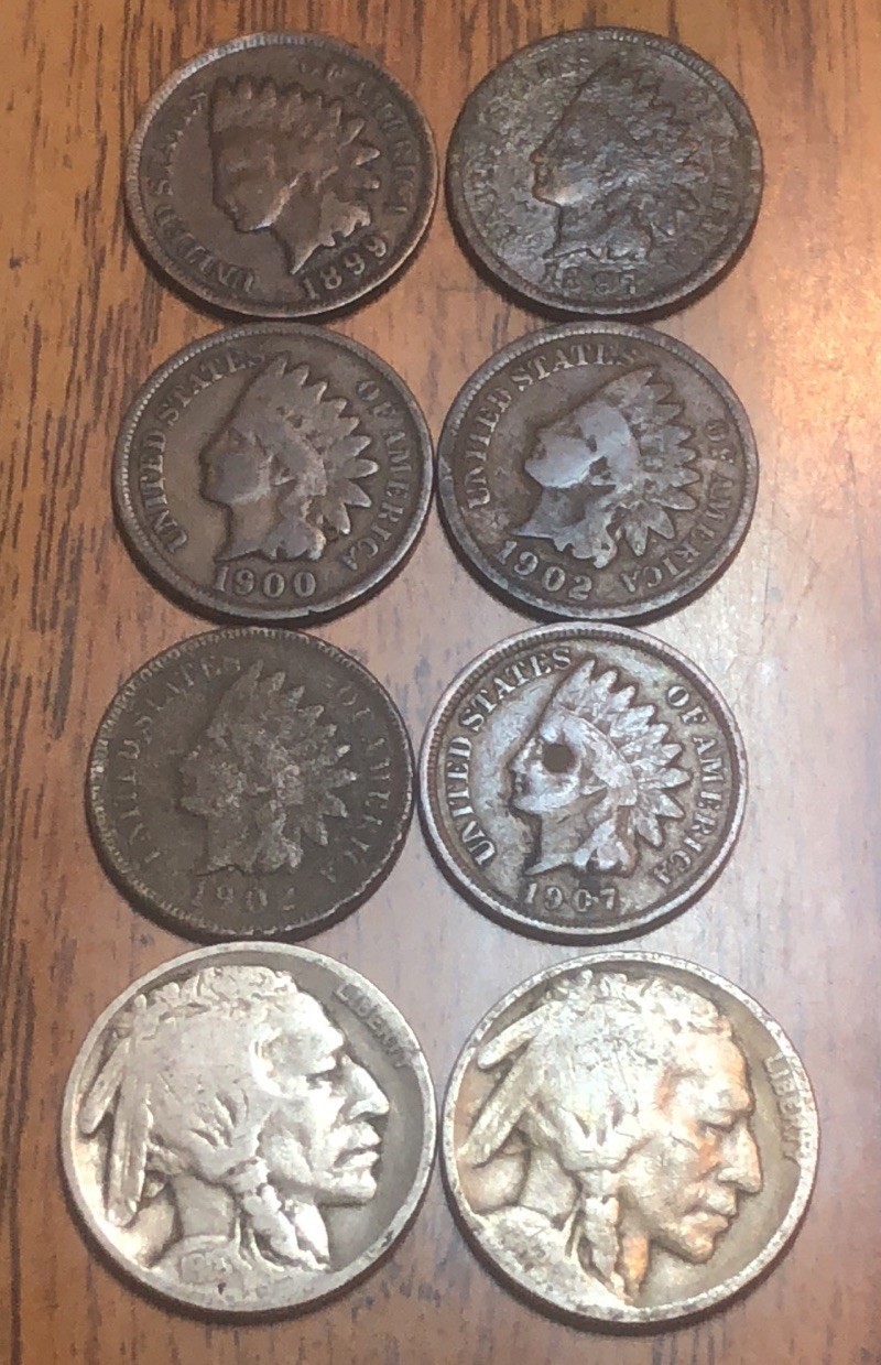 Indian Head 1899,1897,1900,1902X2,07 & 2-Buffalo Nicke Get (8) Exact Coins S337