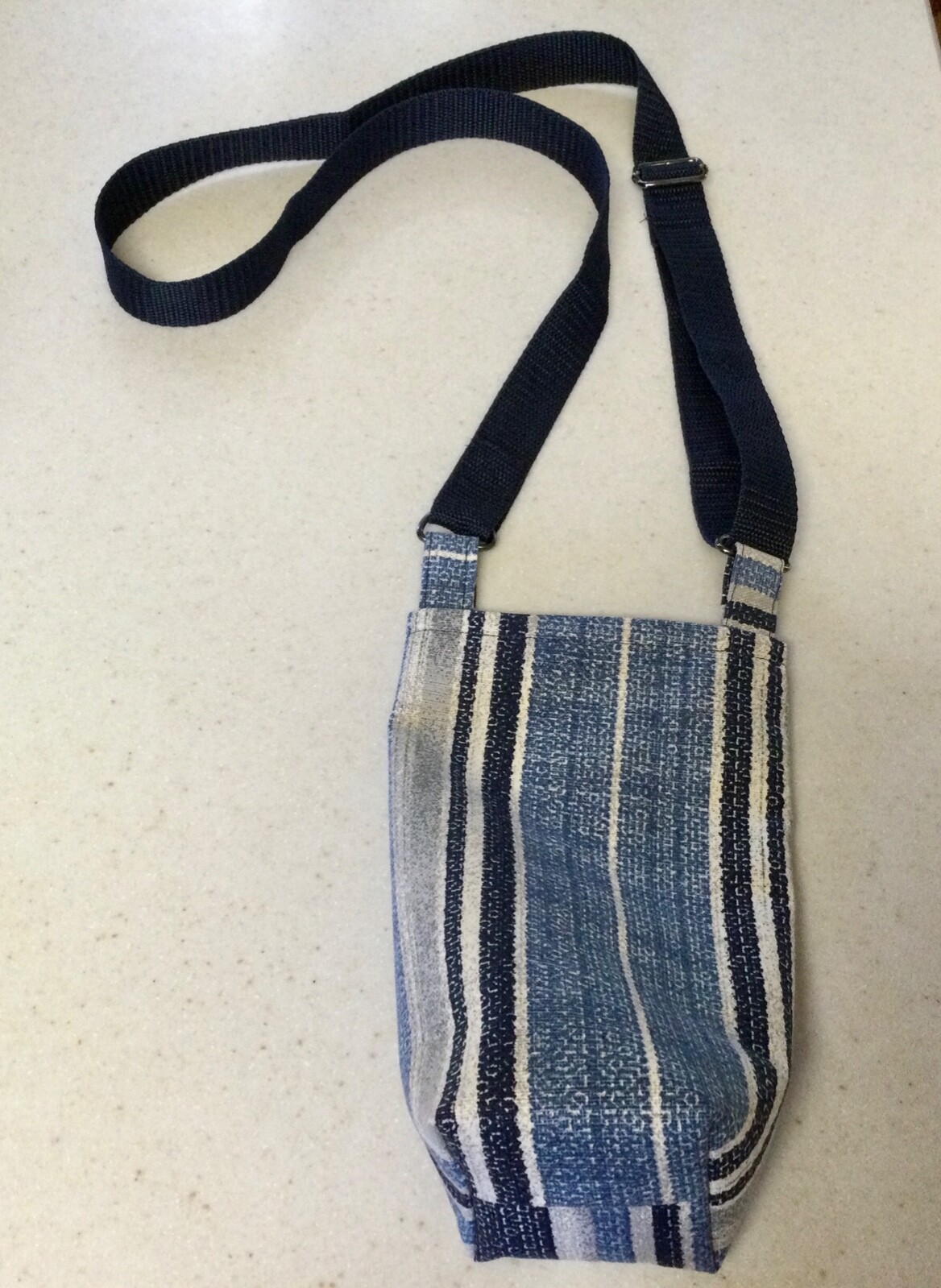 Handmade Crossbody Water Bottle Holder; Blue/Gray Stripe; Adjustable Strap/Lined