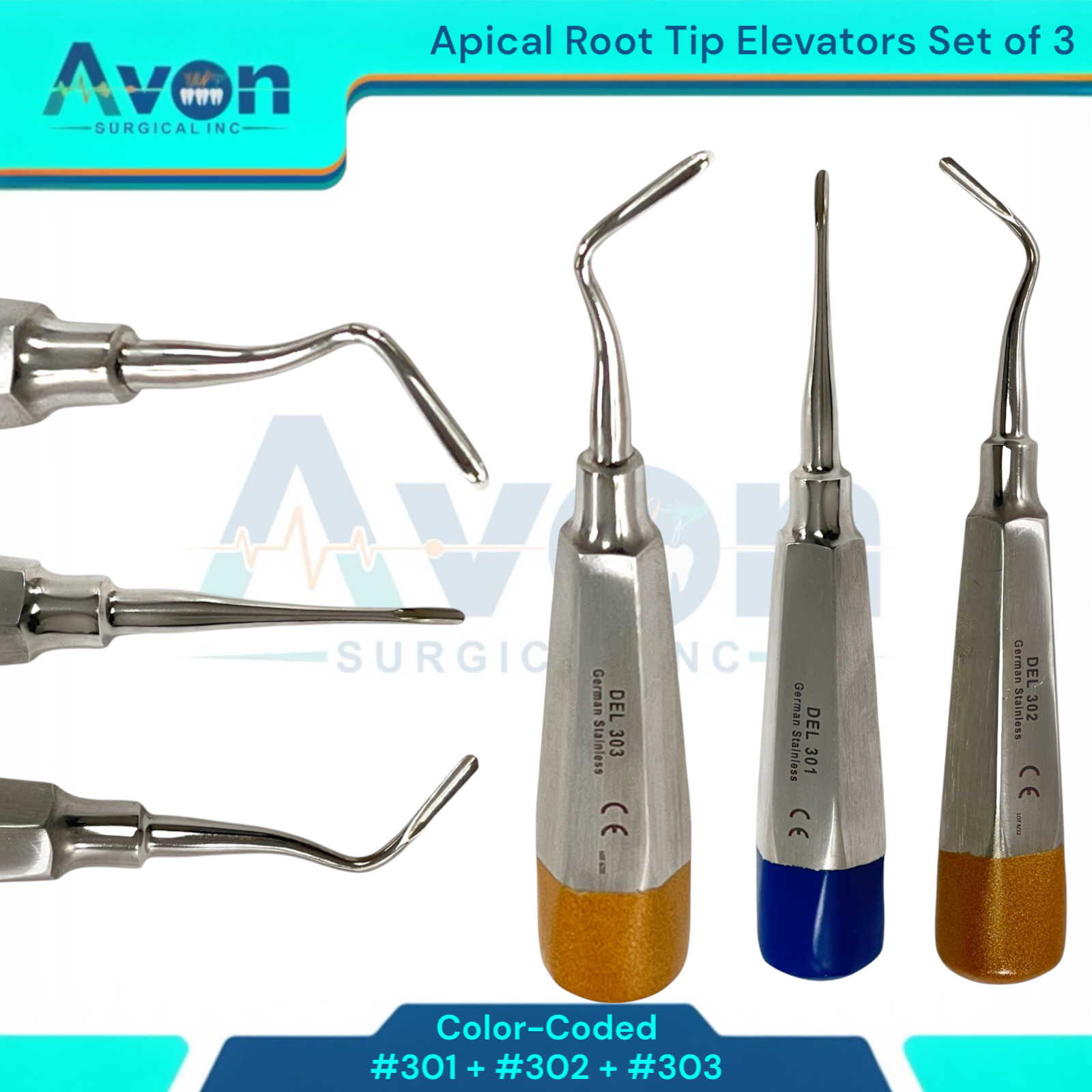 Set of 3 Apical Root Pick Elevators, Straight, Left & Right Angled, Lightweight