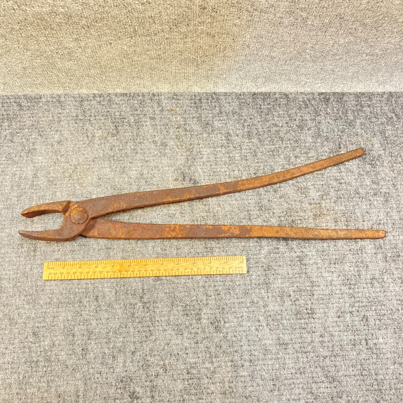 Vintage Blacksmith Tongs Flat Straight Jaw 23" Forged Iron