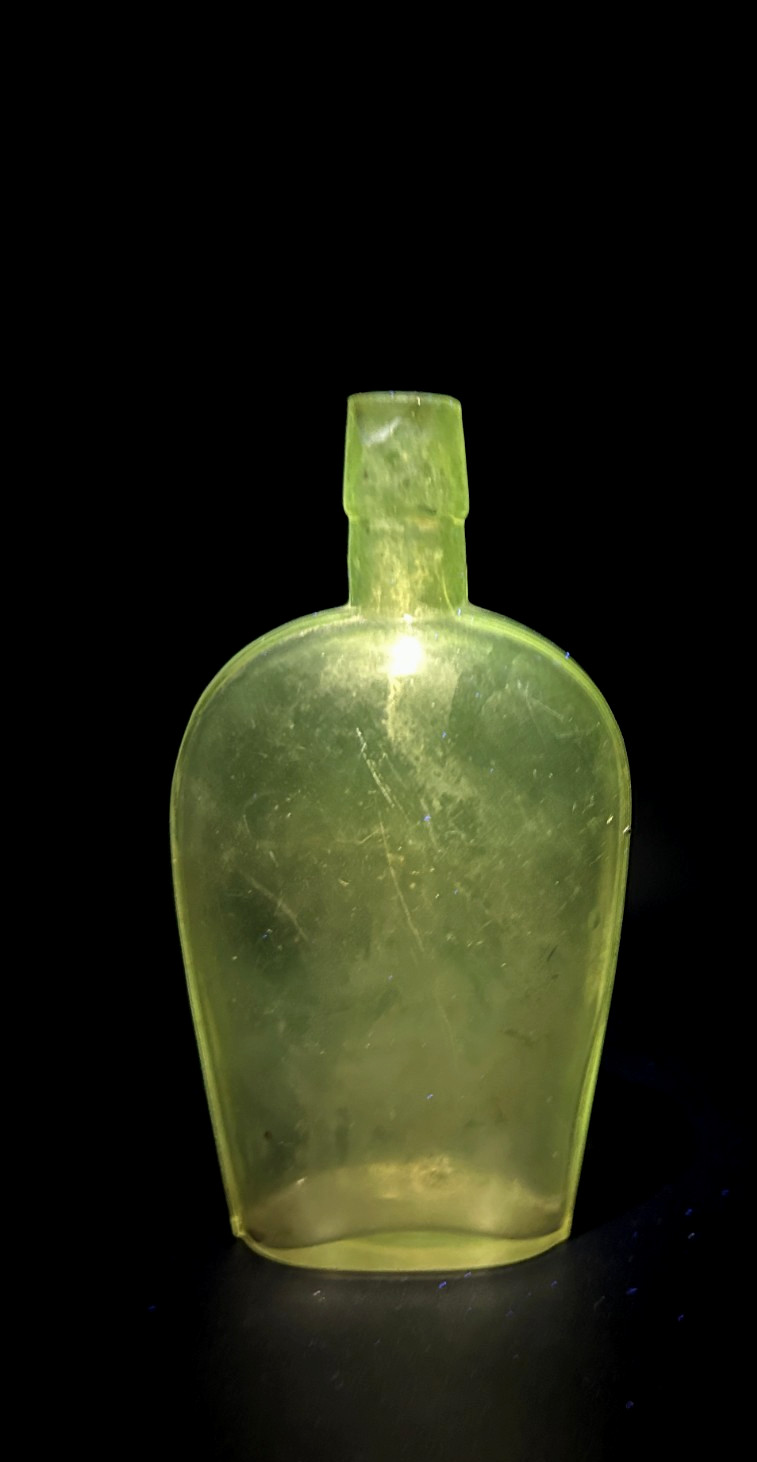 Vintage Clear Flask Strap Sided Whiskey Bottle 7 1/2" tall, Green Manganese Glow