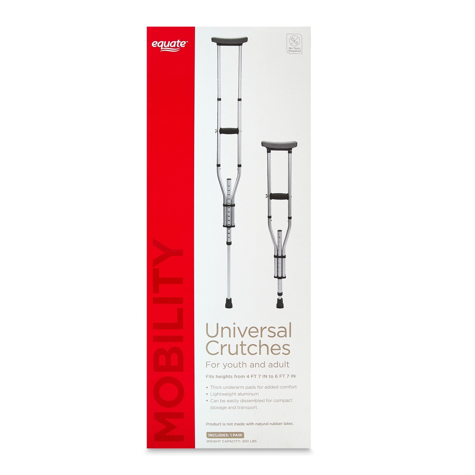 Equate Universal YOUTH - ADULT Aluminum crutches 4’7”- 6’7” NO LATEX Easy adjust