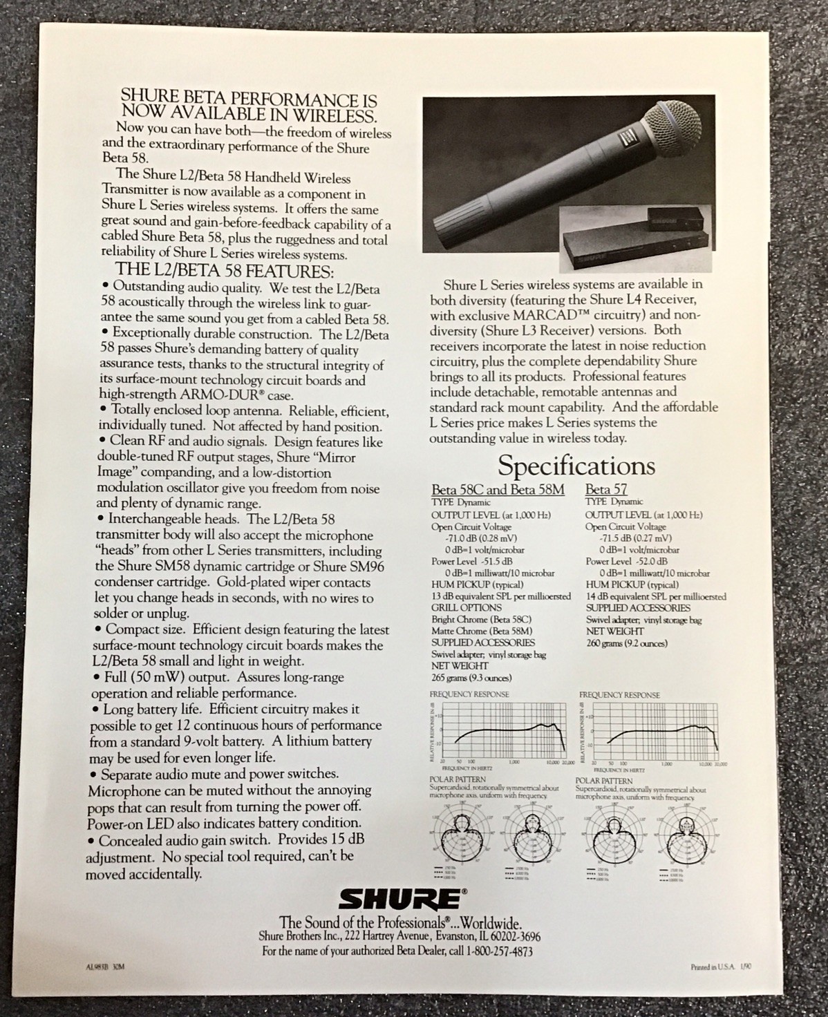 SHURE Microphone Brochure Printed Jan. 1990