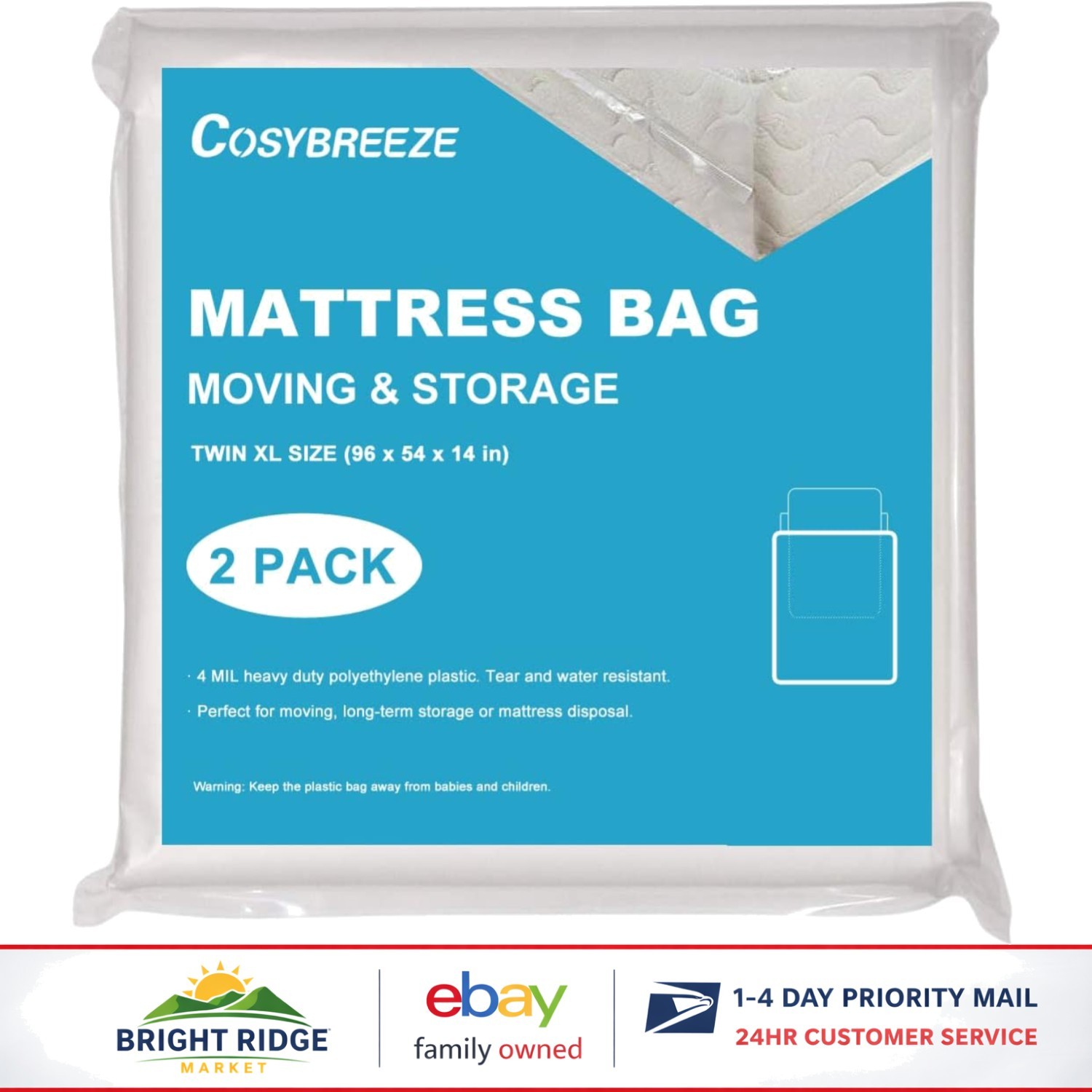 4 Mil Thick Plastic Mattress Storage Bags, Twin XL Size, 2 Pack, Waterproof
