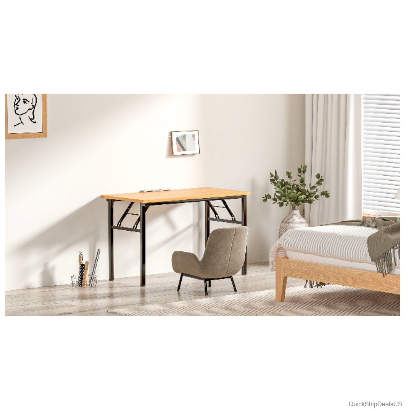 Folding Desk 39 Inch Computer Table Teak White Frame No Assembly Needed Office